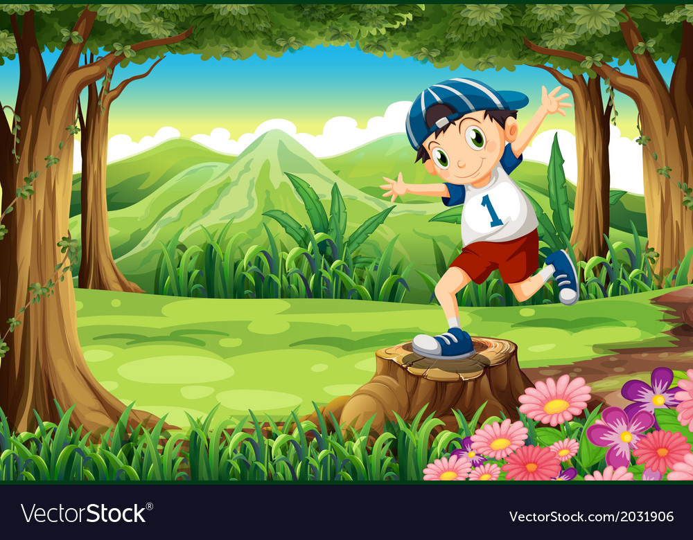 A playful young man above the stump at the forest Vector Image