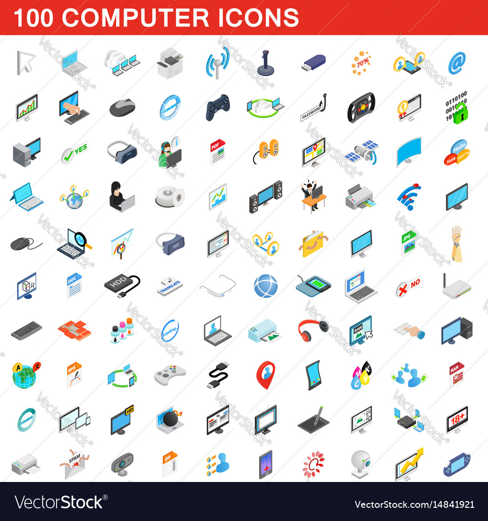 100 computer icons set isometric 3d style Vector Image