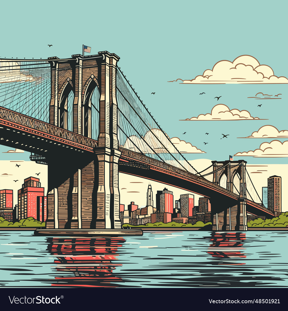 Brooklyn bridge hand-drawn comic Royalty Free Vector Image