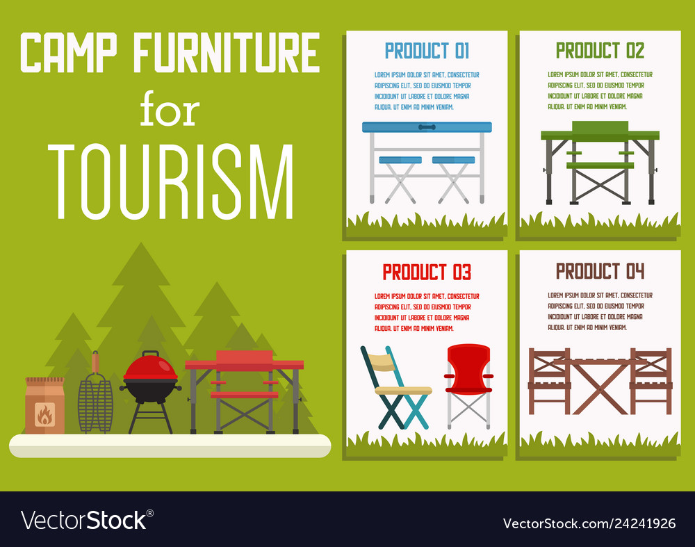 Camp furniture for tourism flat banner