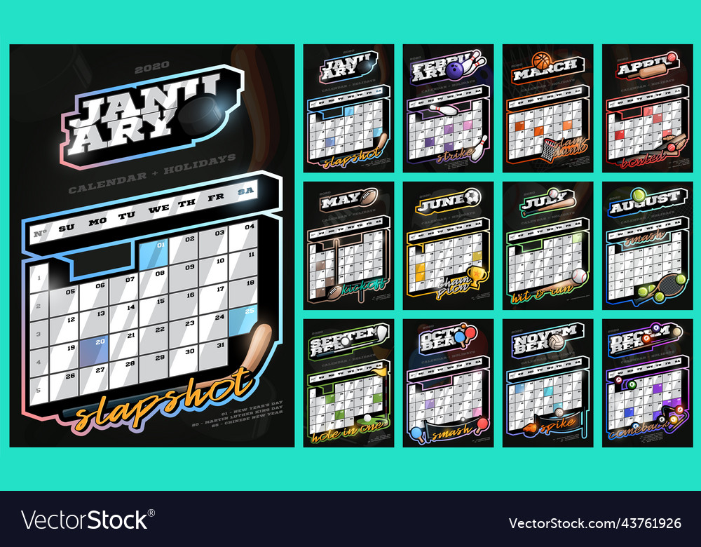 Collection of sports wall calendar for 2020 retro