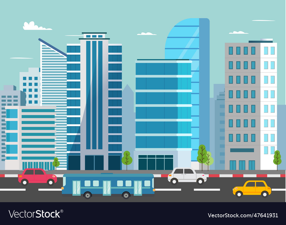 Cityscape with cars on road Royalty Free Vector Image