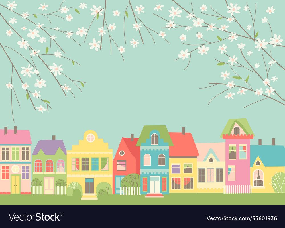 Cute cartoon little town with spring blossom Vector Image