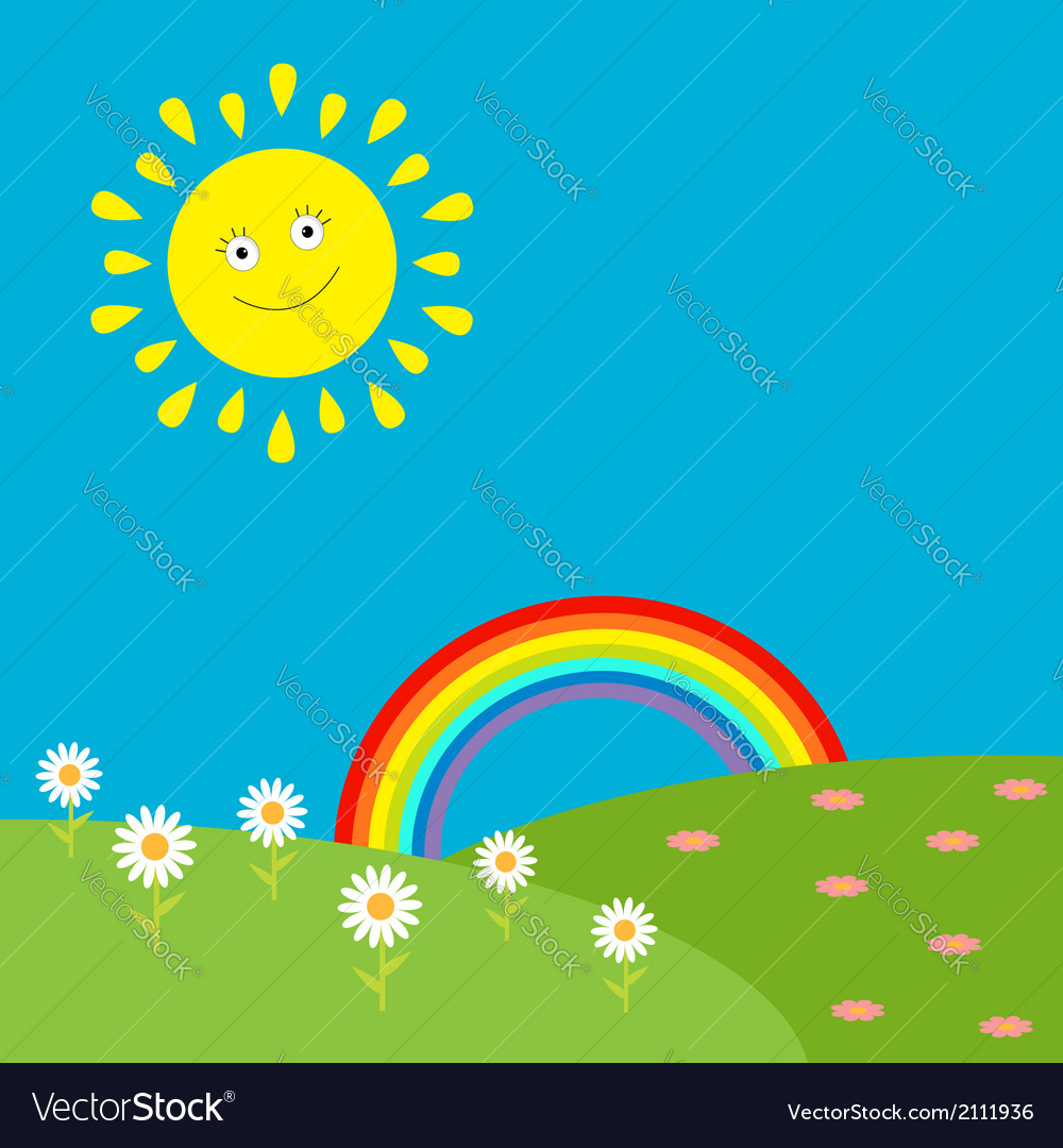 Landscape With Sun Rainbow And Flowers Royalty Free Vector