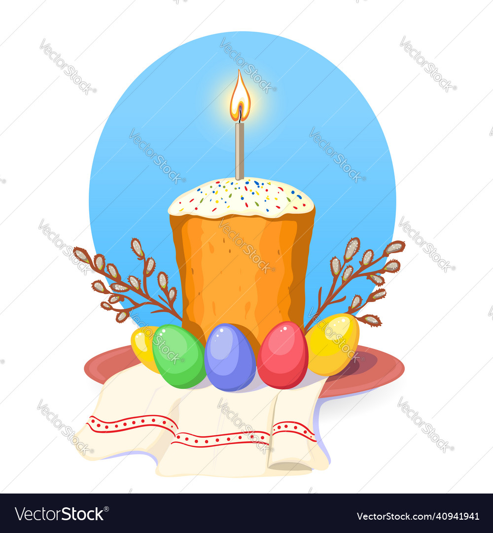 Easter cake with candle and colorful eggs Vector Image