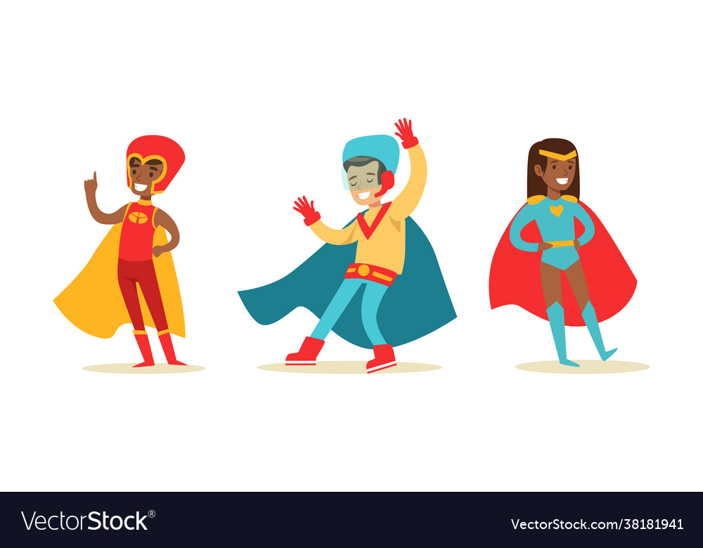 Set happy boys and girls dressed superhero Vector Image