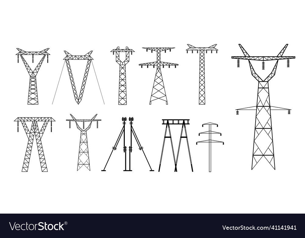 Set of high voltage electric line icon or towers Vector Image