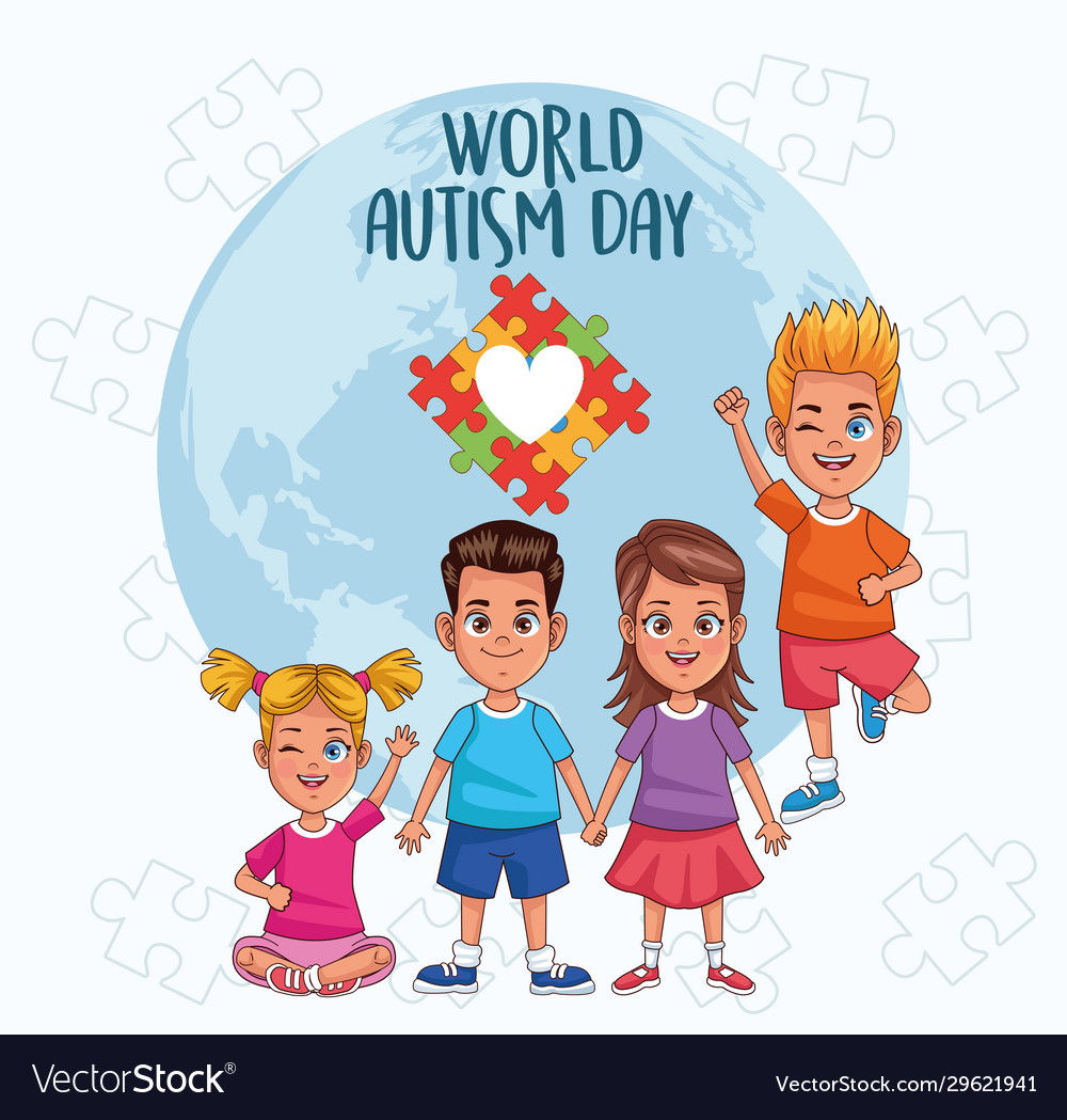 World autism day kids with planet and heart Vector Image