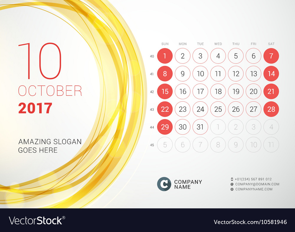 Desk calendar for 2017 year october week starts Vector Image