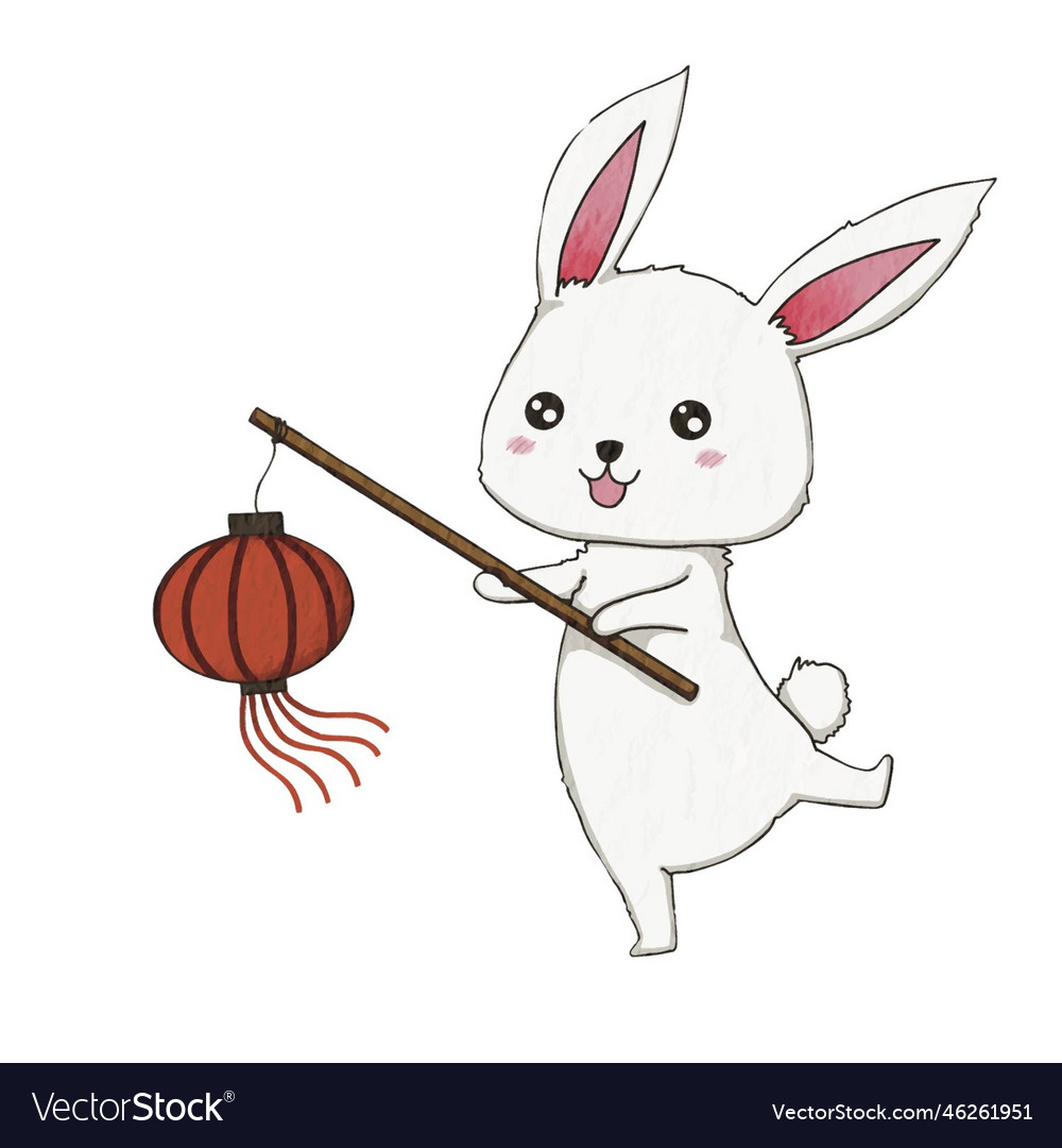 White rabbit with red lantern cartoon character Vector Image