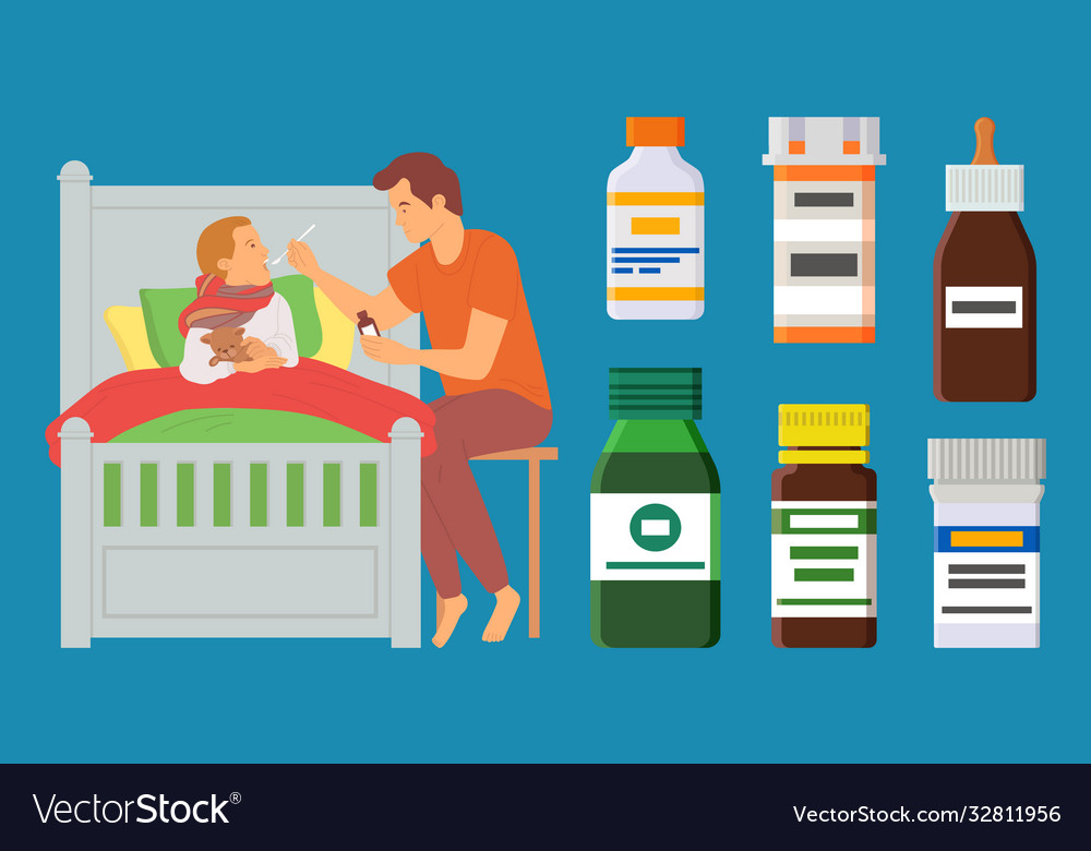 Child laying in bed father caring for sick kid Vector Image