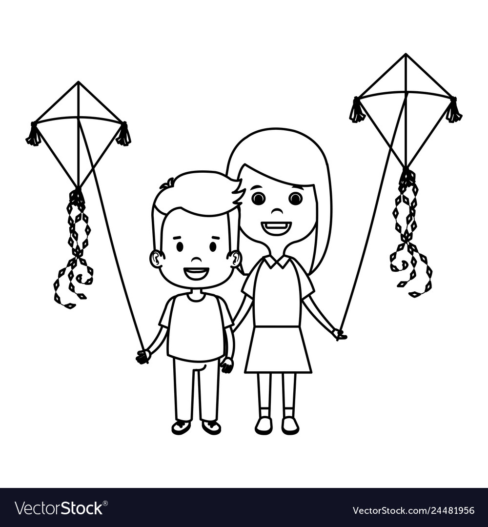 Kids couple with kite flying Royalty Free Vector Image