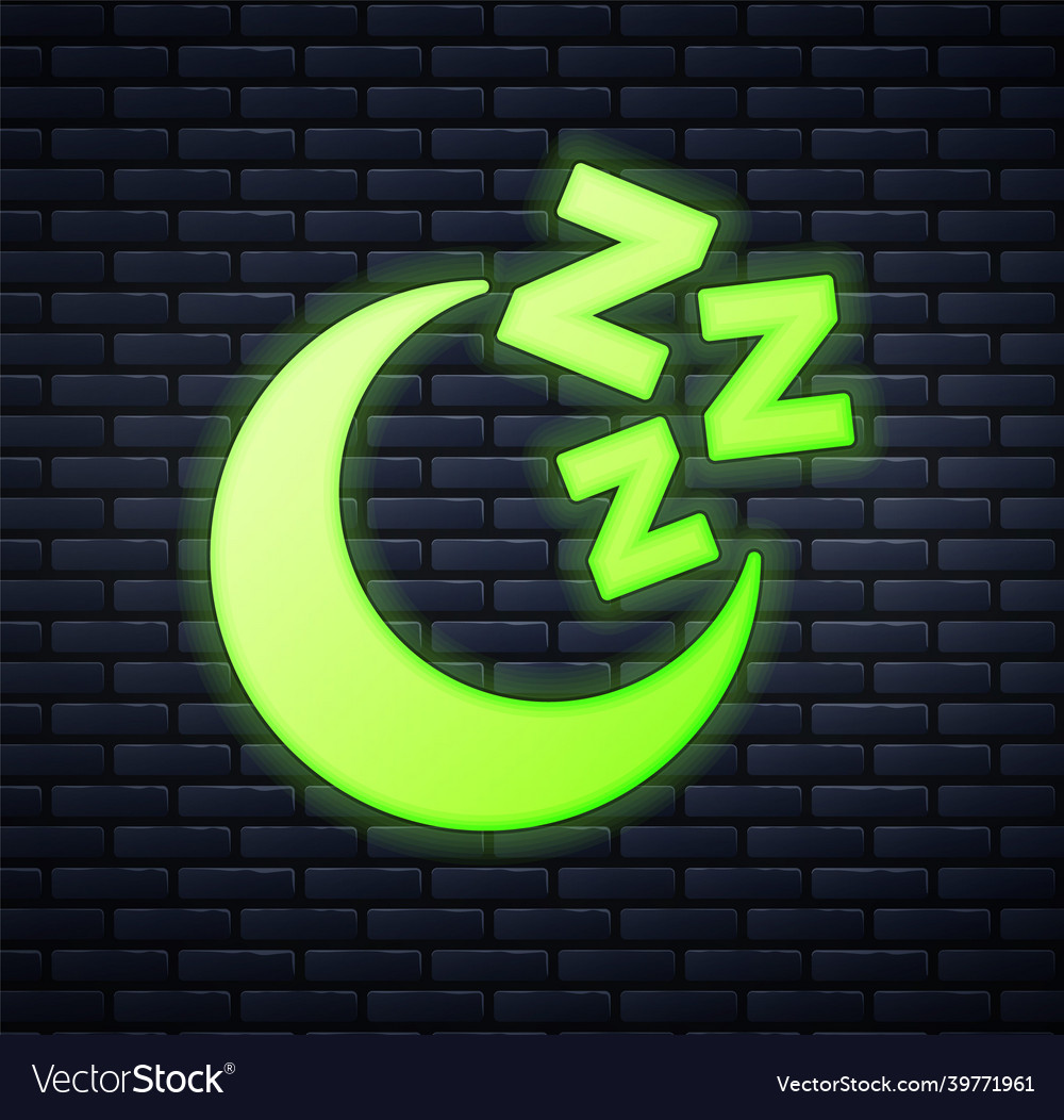Glowing neon moon and stars icon isolated on brick