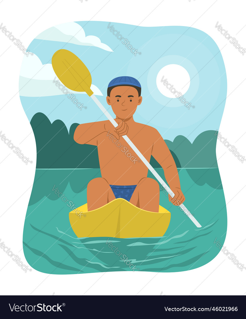 Handsome man enjoying with rowing canoe in river Vector Image