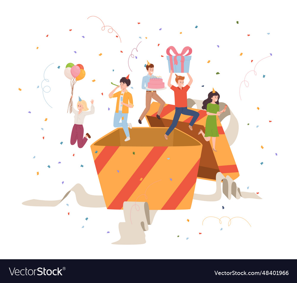 Happy people jumping out of big gift box flat