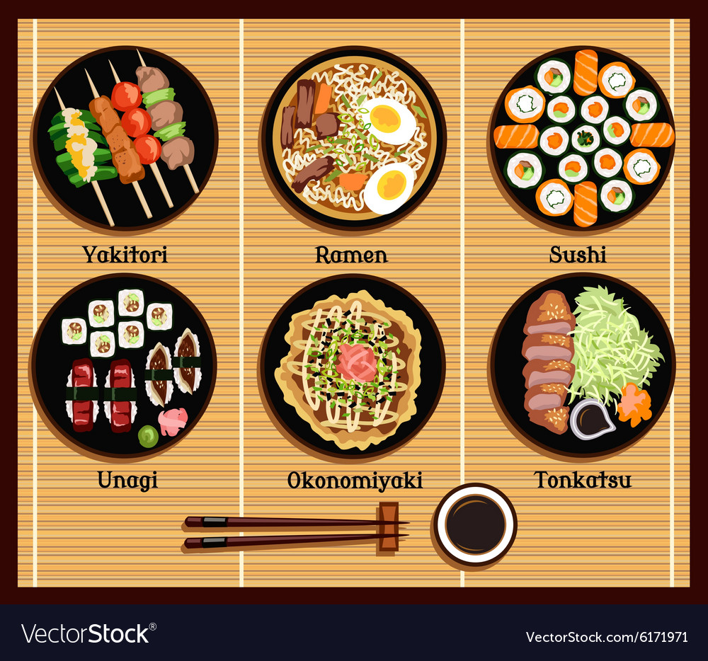 Japanese Cuisine Set Dishes Flat Style Royalty Free Vector