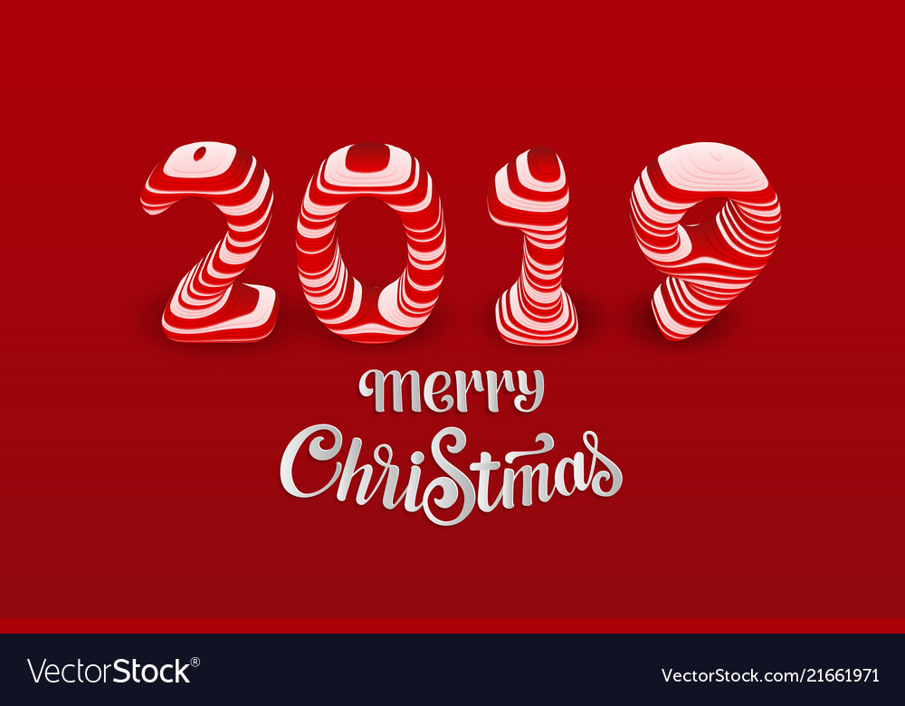 Red paper cut merry christmas 2019 numbers vector image Red paper cut merry christmas 2019 numbers
