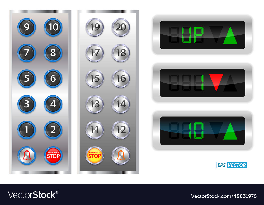 Set of realistic elevators buttons with chrome Vector Image