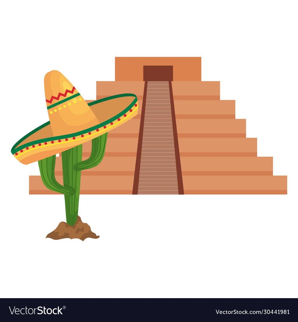 Isolated mexican pyramid and cactus with hat Vector Image