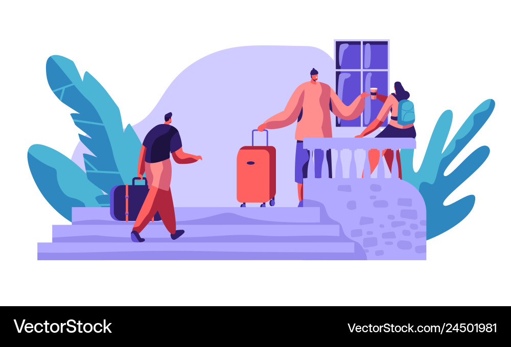 People character communicate outside hostel Vector Image