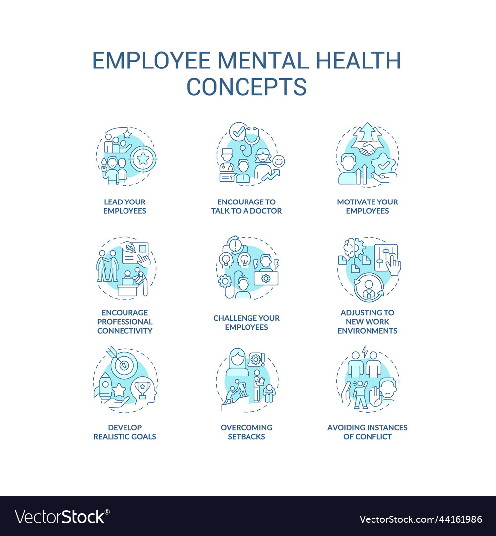 Mental health at workplace blue concept icons set