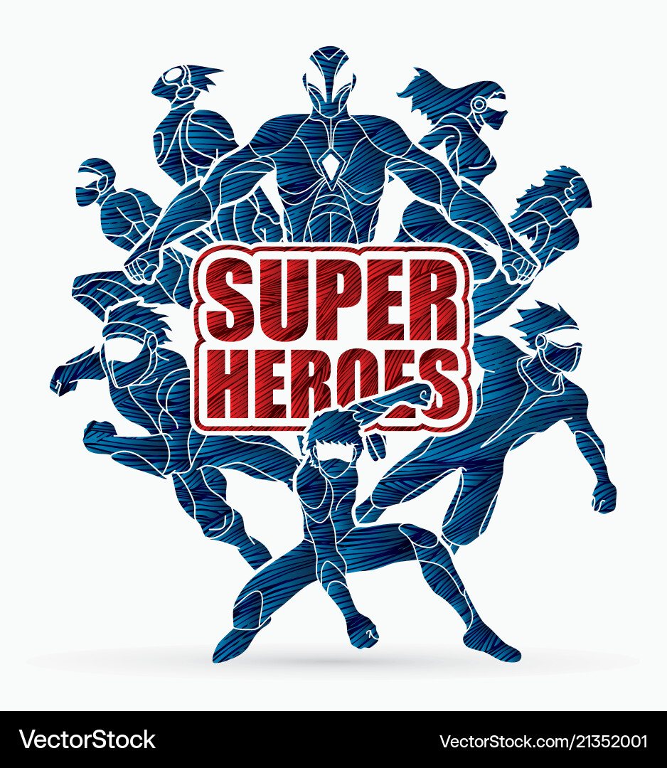 Group of super heroes action with text Royalty Free Vector