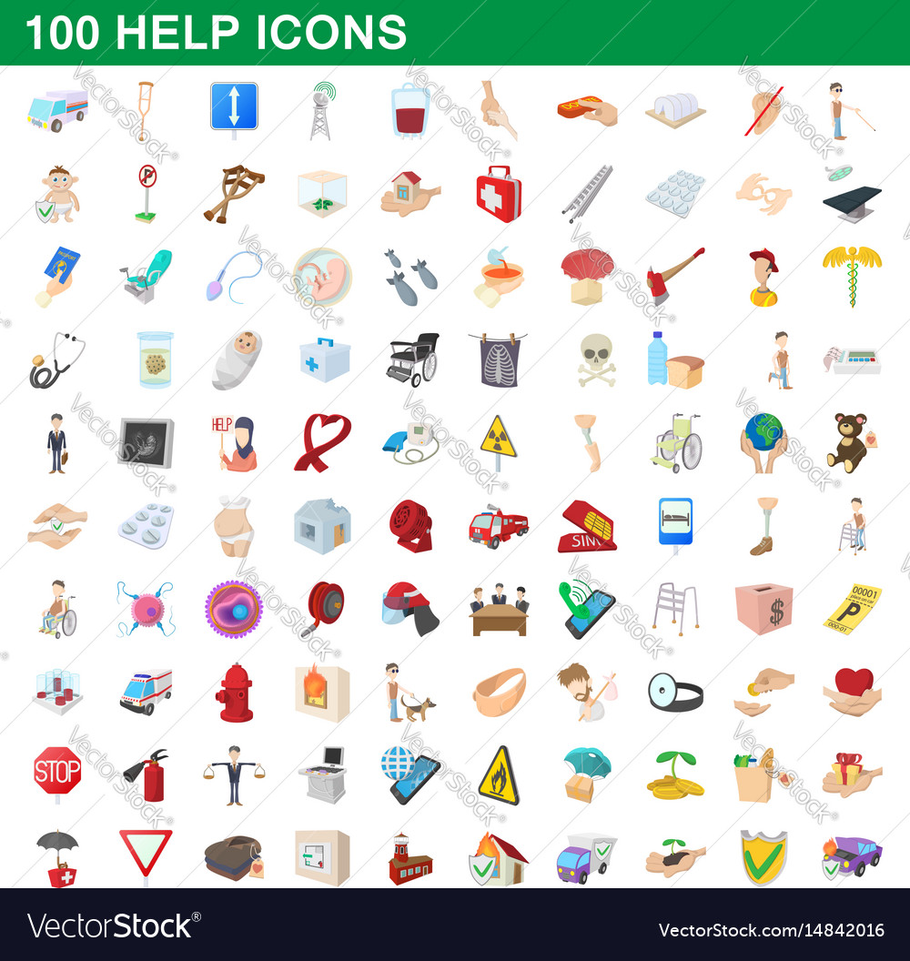 100 help icons set cartoon style Royalty Free Vector Image