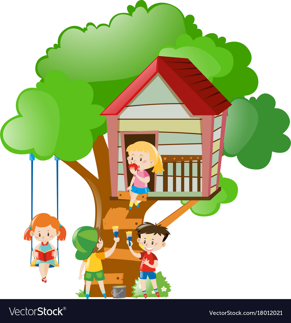 Children playing and painting treehouse Royalty Free Vector