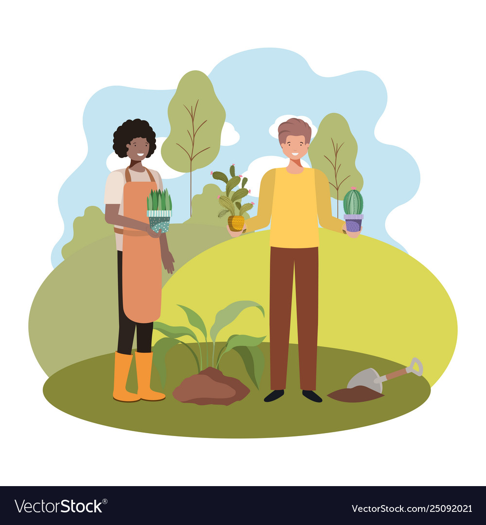 Men with trees to plant in landscape Royalty Free Vector