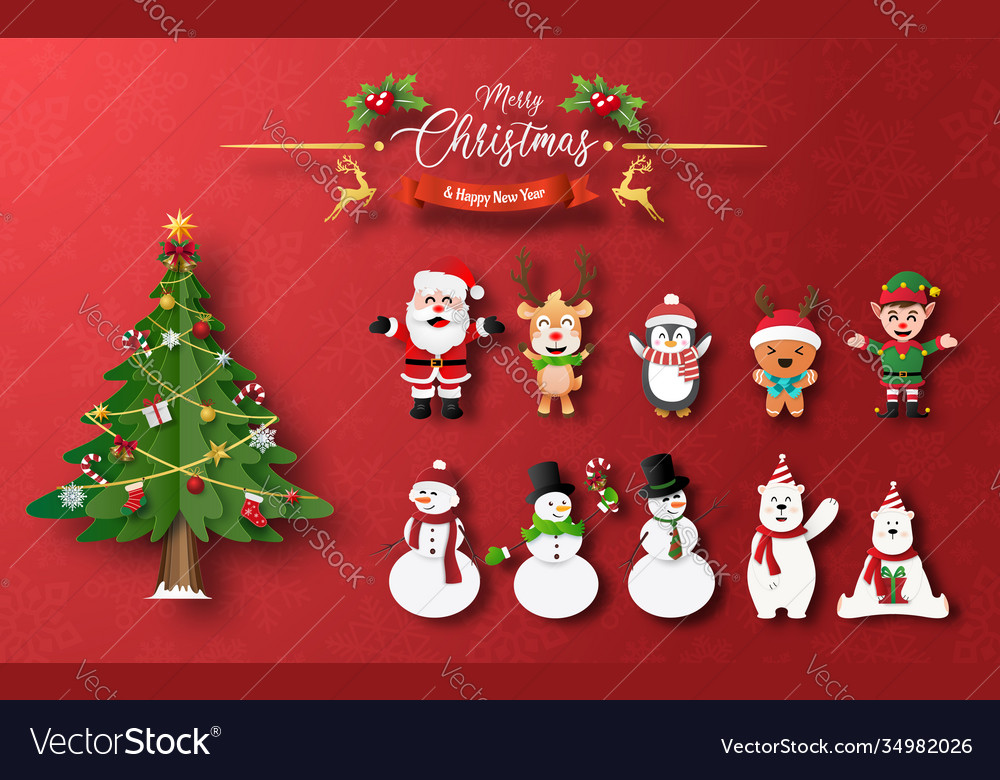 Cute Christmas Character In Paper Cut Style Vector Image