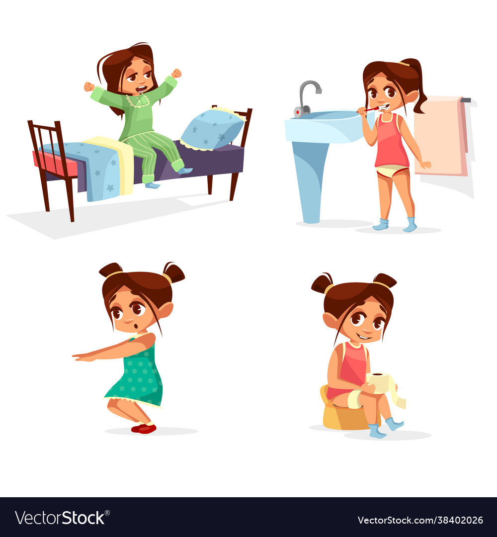 Girl kid morning cartoon child daily routine Vector Image