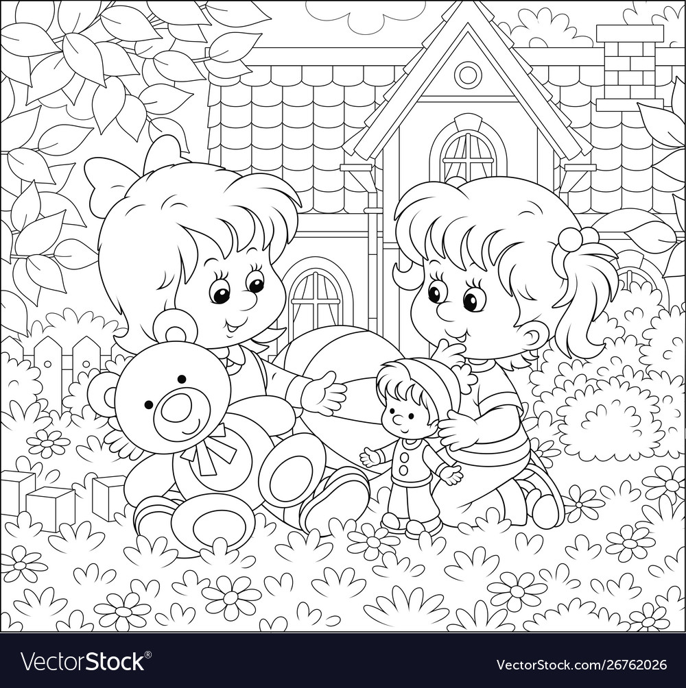 Little girls playing on a front lawn Royalty Free Vector