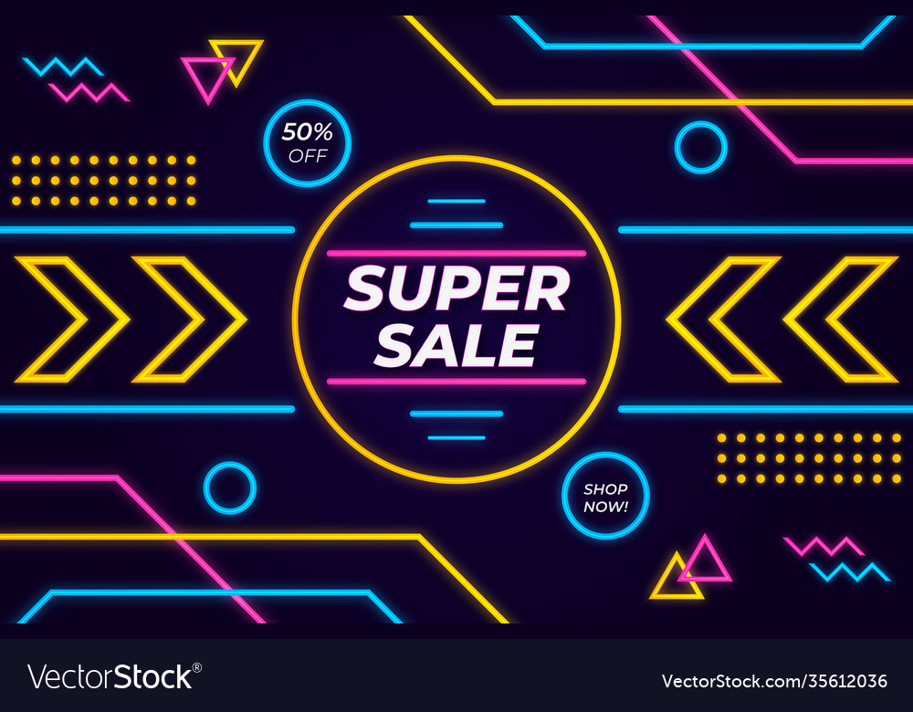 Super sale background glow in dark memphis Vector Image