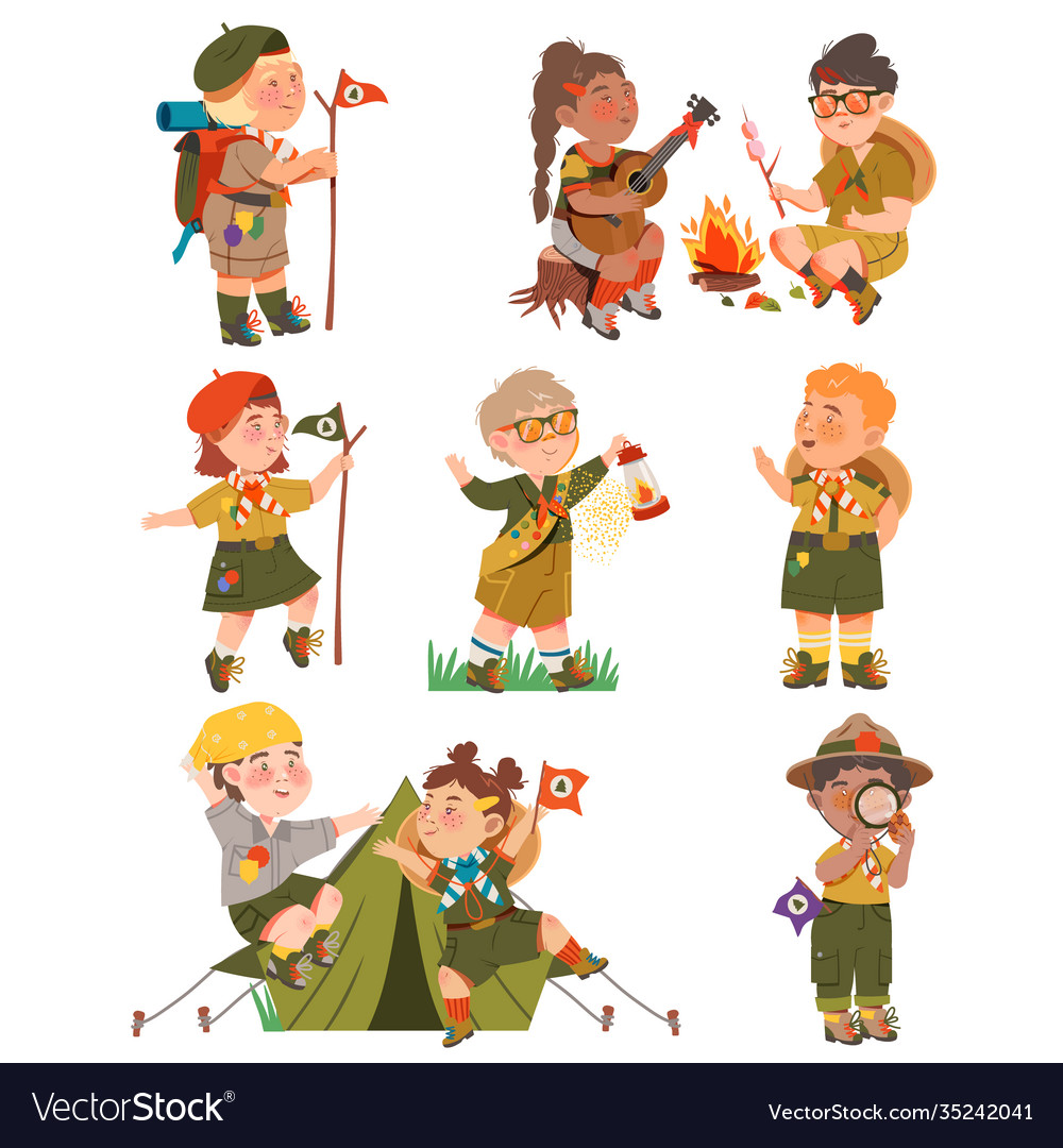 Boy and girl junior scouts wearing khaki shirt Vector Image