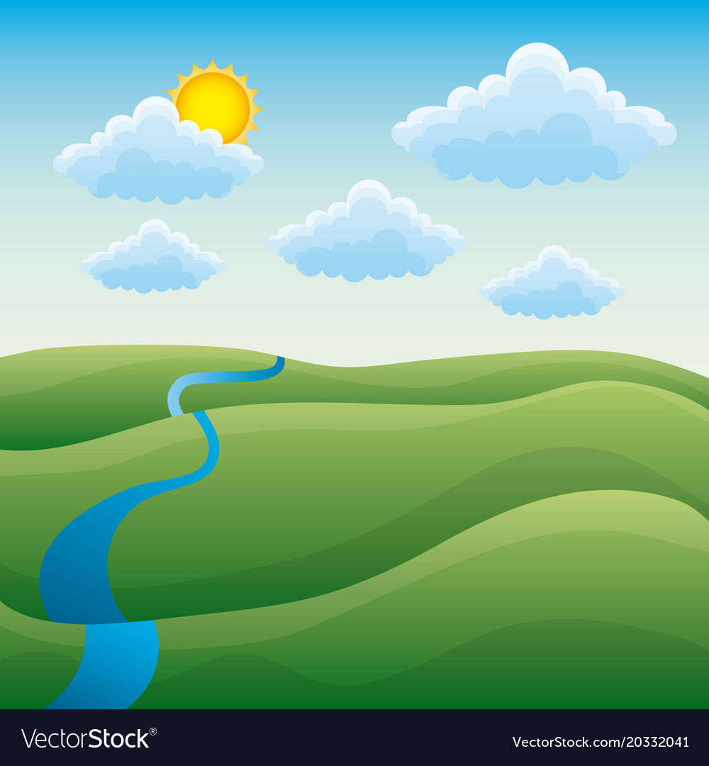 Cartoon natural landscape green hills river cloud Vector Image