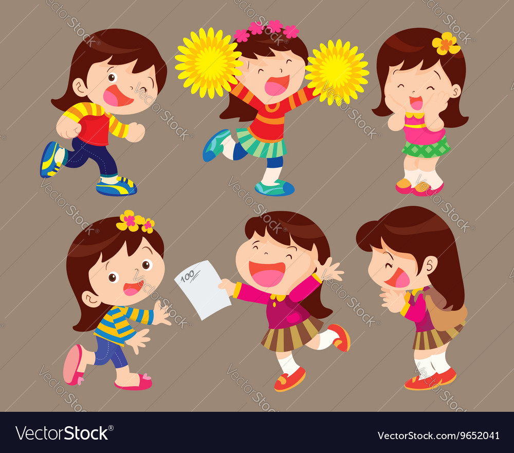 Cute cartoon girl many actions Royalty Free Vector Image