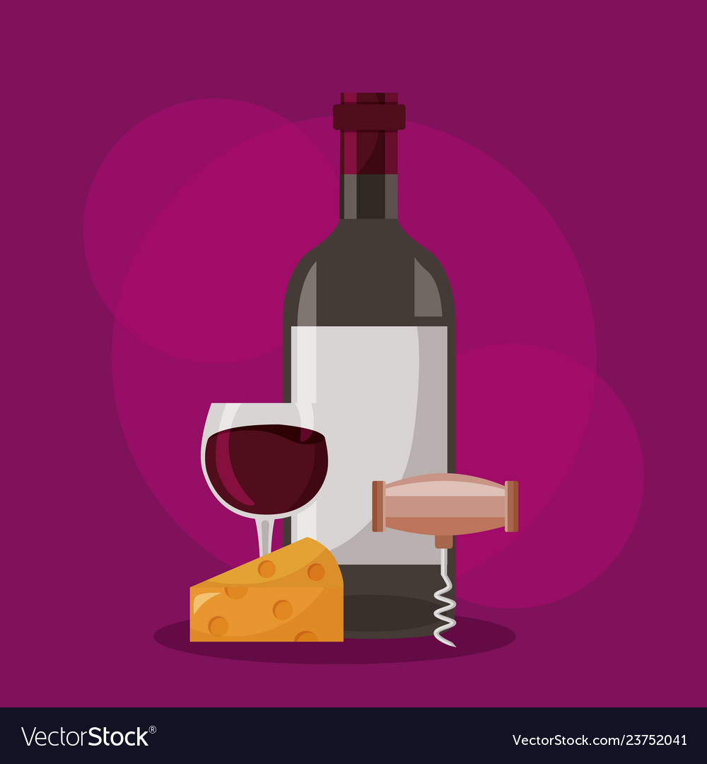 Wine bottle corkscrew cup cheese Royalty Free Vector Image