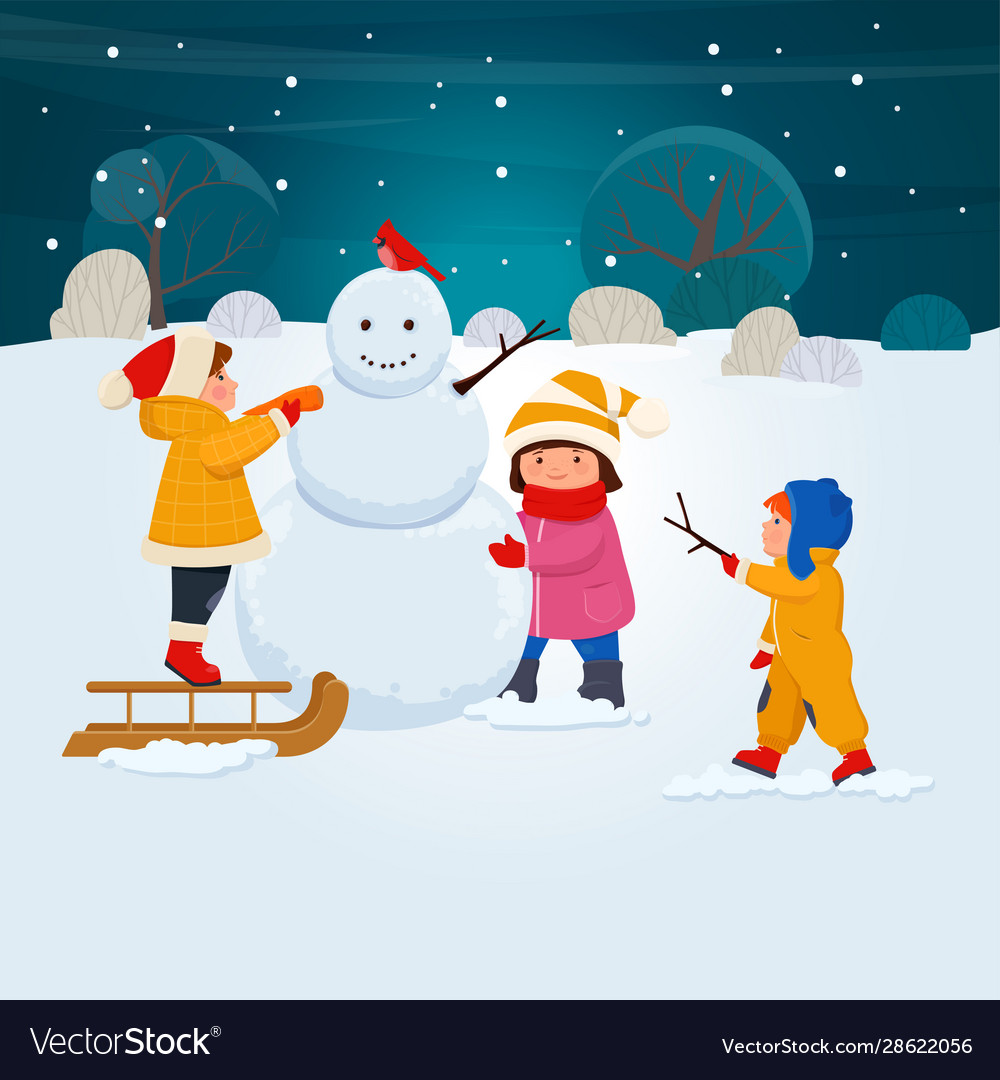 Children make a snowman together Royalty Free Vector Image