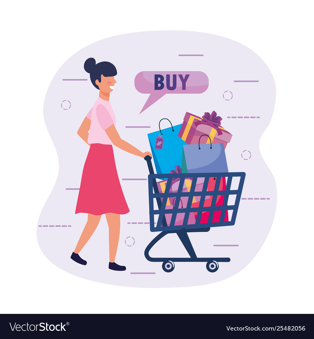 Woman with shopping cart and buy online Royalty Free Vector