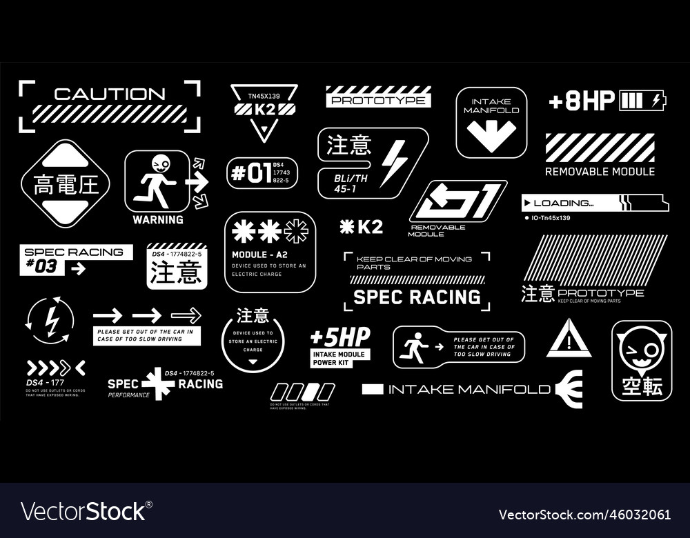 Cyberpunk motorsport decals set set Royalty Free Vector