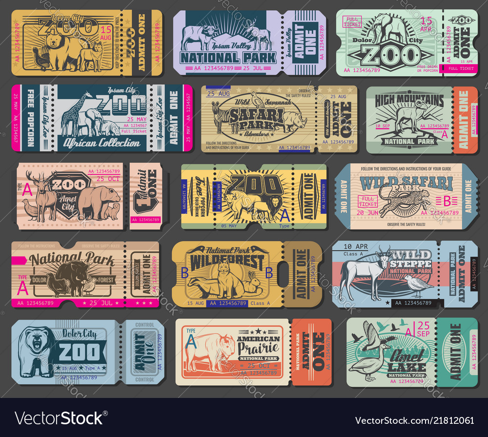 Zoo park wild animals entrance tickets Royalty Free Vector