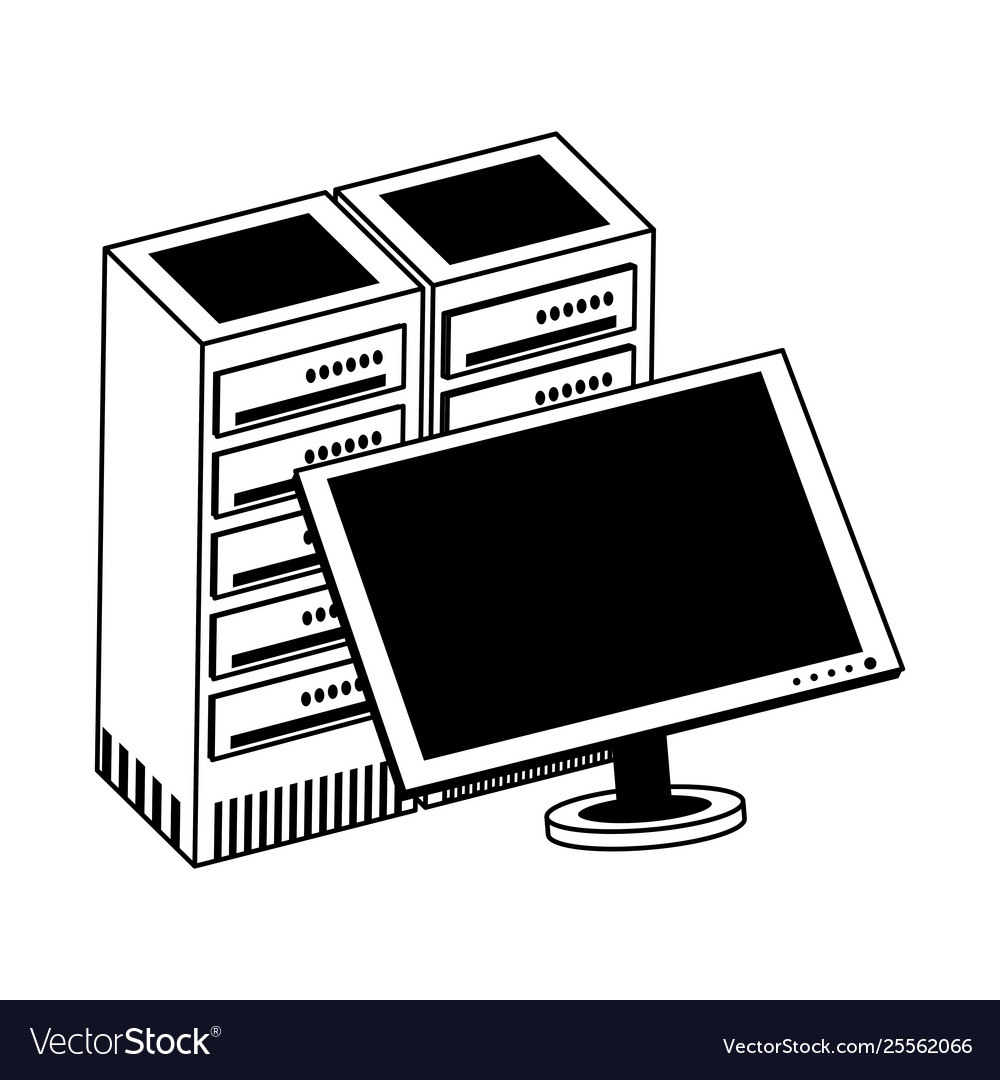 Computer monitor and servers database in black Vector Image