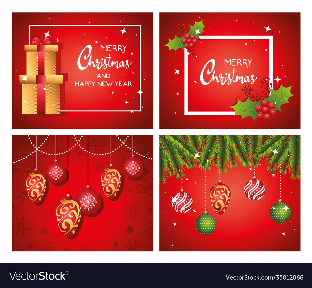 Happy Merry Christmas Letterings Cards With Gifts Vector Image