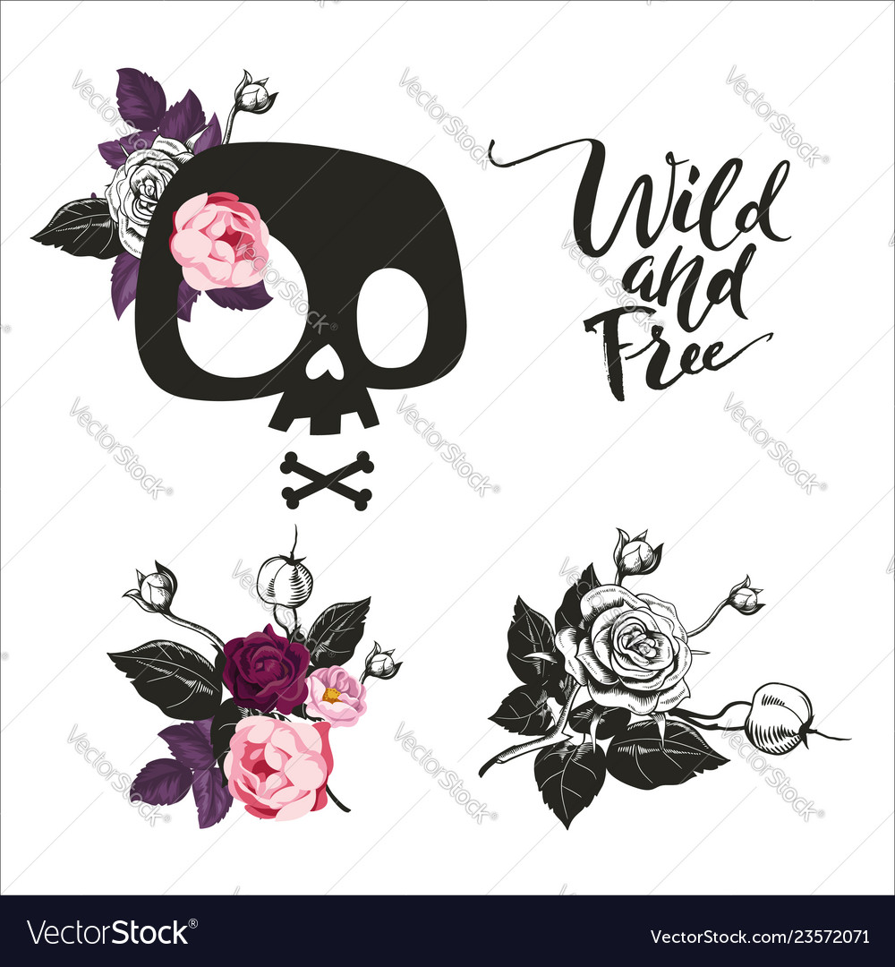 Set of cute cartoon skull decorated with rose Vector Image