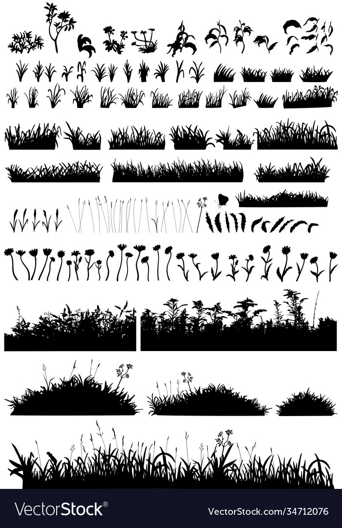 Big set grass and flowers field Royalty Free Vector Image