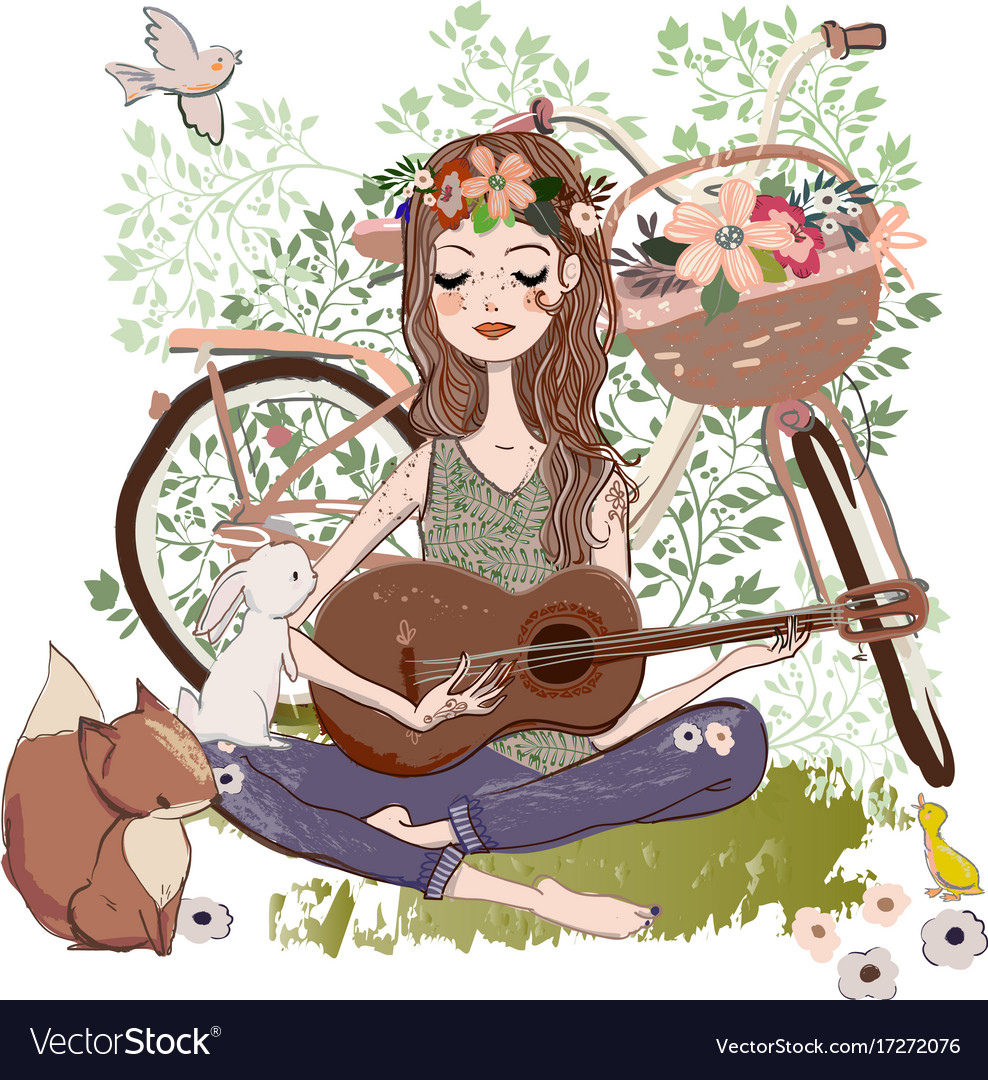 Cartoon young woman with guitar and bicycle Vector Image Cartoon young woman with guitar and bicycle Vector Image