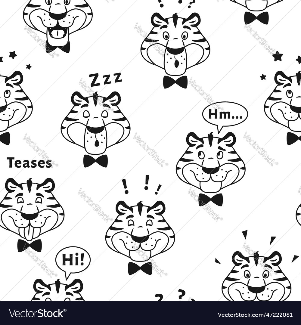 Black and white outline tiger seamless pattern Vector Image