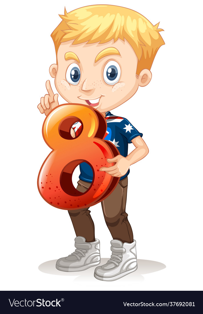 Cute boy with blonde hair holding math number Vector Image