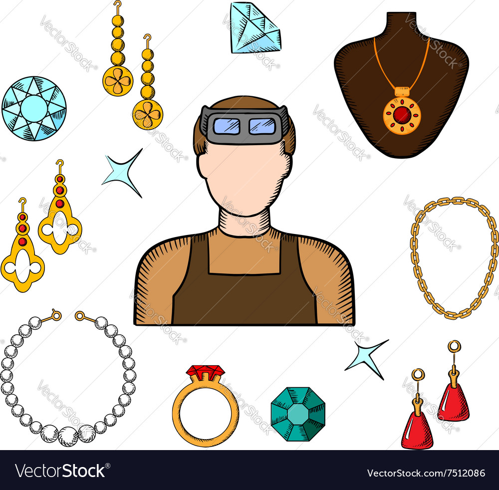 Jeweler and goldsmith with jewelries Royalty Free Vector