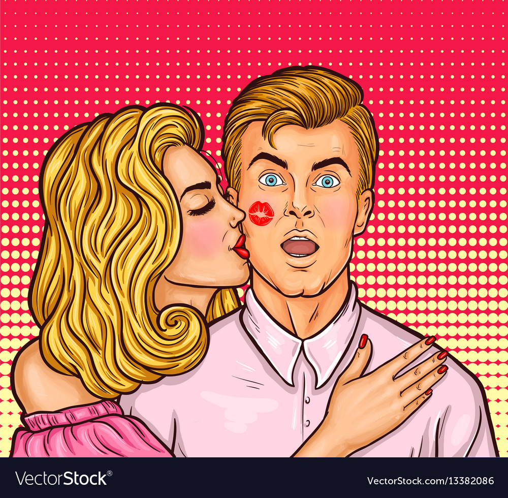 Pop Art Sexy Woman With Red Lipstick Kissed A Man Vector Image